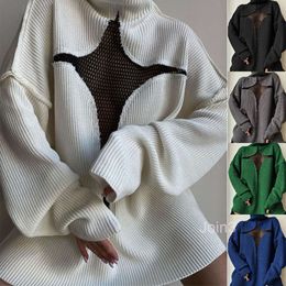 24ss Style New Sexy Mesh Perspective Vacation Loose Knitted Hollow Pullover Personalised High Neck Sweater for Women