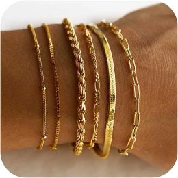 Bracelets DEARMAY Womens Gold Bracelet Waterproof 14K True Gold Jewellery Set Womens Fashion Thin and Exquisite Stackable Cuban Chain Paper Cl