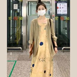 Work Dresses Women Clothing 2024 Spring Autumn Chinese Style Blouse Cardigan And Design Sense Print Strap Dress Casual Two Pieces Set