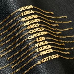 Chain 12 Zodiac Constellations Charm Bracelet for Women Men 14k Yellow Gold Figaro Chain Bracelet Leo Letter Jewelry Birthday Gift