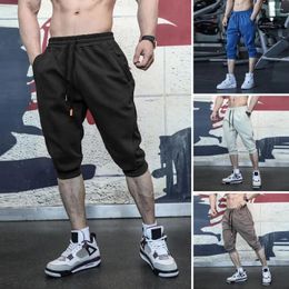 Men's Shorts Elastic Feet Cropped Trousers Solid Color Pants With Drawstring Waist Zipper Pockets Casual For Fitness