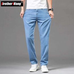 Men's Jeans Classic Style Summer Mens Thin Loose Straight Jeans Business Casual Light Blue Stretch Ice Silk Pants Denim Trousers Male Brand Y240603JQTY