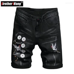 Men's Shorts Summer 2024 Black Embroidered Short Jeans Chinese Style Pattern Elasticity Slim Denim Male Brand Clothes