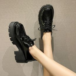 Casual Shoes Genuine Women Leather Platform Street Punk Style Square Toe Black Dark Gothic Emo Ladies Oxford Flat