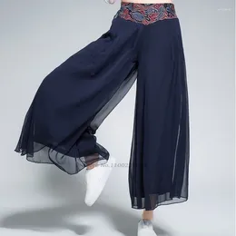 Ethnic Clothing 2024 Women Vintage Pants National Flower Embroidery Double Layers Chiffon Trousers Chinese Loose Bloomers Wide Leg