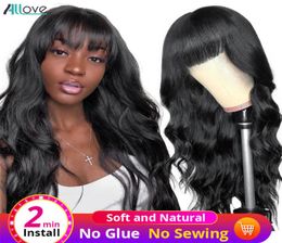 Allove Brazilian Body Wave Loose Deep Curly Human Hair Wigs with Bangs Peruvian Straight Kinky Curly None Lace Wigs Indian Hair Ma5746607