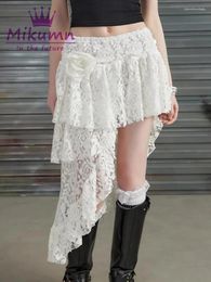 Skirts Mikumn Harajuku White Rose Lace Irregular Short Women Y2k Summer Fashion High Waist A-line Asymmetry Streetwear