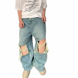ripped Jeans Men Summer Harajuku Hip Hop All-match Handsome American Retro Basic Baggy College Trousers Unisex Streetwear Daily O12y#