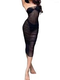 Women S Sexy One Shoulder Bodycon Dress Solid Colour Mesh See-Through Sling Backless Party Midi