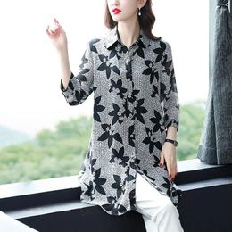 Women's Blouses Flower Patchwork Bow Chiffon Button Up Shirt For Women Summer Casual Loose Half Sleeve Ladies Tops Clothing S354