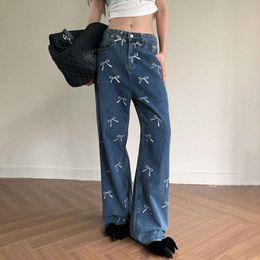 Basic Casual Dresses 2024 Personalised American Sweet and Spicy Bow Printed Loose Jeans Street Casual Spicy Girl Straight Pants