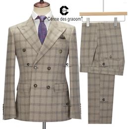 Men's Suits Cenne Des Graoom 2024 Double-Breasted Plaid For Men Tailor-Made Slim Fit 3 Piece Set Blazer Pants Casual Wedding