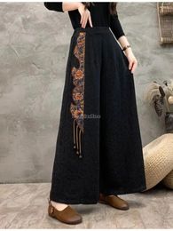 Ethnic Clothing 2024 Chinese Vintage National Style Embroidery Cotton And Linen Jacquard Trousers Elastic Waist Wide-leg For Women W224