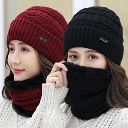 Berets Fashion Warm Knitted Hat Scarf Set For Women Lady Thick Fleece Lined Beanies Caps Solid Colour Neck Warmer Skullcaps