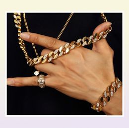 Men Hip Hop ICED OUT 18K Gold Plated WCZ Curb Miami Cuban Link Chain Necklace Bracelets Bling Bling Jewelry Set20649771993395