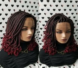 Ombre Red Short Box Braids Wig With Curly Tips Synthetic Fully Handmade Braided Lace Front Wigs For Black Women9112609