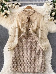 Small Fragrance Luxury Embroidery Flower Mesh Sitiching Woollen Tweed Plaid Ruffle French Pearls Sweet Girls Fairy Bow Dress 240530