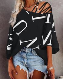 Women's T Shirts Letter Print Cold Shoulder Bell Sleeve Top Loose Shirt Tee Summer Spring Blouse