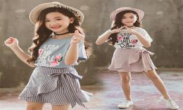 Kids Clothes Girls Summer Sets Fashion Floral Tshirt Striped Skirt 2 Pcs Casual Set For Girls Teenage Clothing Outfits T2007072601538582