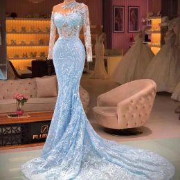 Sky Blue Gorgeous Elegant Mermaid Evening Dresses Long Sleeves Appliques Sweep Train Custom Made Women Formal Prom Party Gowns BC12769