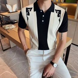 Korean Men Summer Knitted Jacquard Slim Fit Polo Shirt Streetwear Fashion Male Clothes Contrasting Colors Short Sleeve Tops 240601