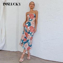 Casual Dresses InsLucky Flower Print Tie-up Back Cowl Neck Midi Dress Women Sexy Backless Bandage Hollow Out Long Travel Birthday