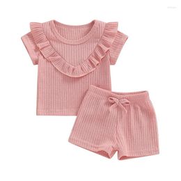 Clothing Sets Toddler Girl Summer Outfit Solid Color Ribbed Round Neck Ruffles Short Sleeve Tops And Shorts 2Pcs Clothes Set