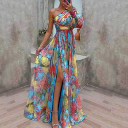 Basic Casual Dresses Formal Evening Gown with Slits Floral Print Evening Dress Elegant One Shoulder Floral Print Maxi Dress for Women for Party 2024 Y240605P1C8