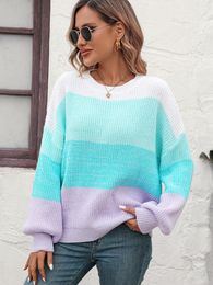Women's Sweaters Fall Winter Women Color Block Knitted Sweater Long Sleeve Crew Neck Colorful Casual Cozy Loose Ladies Ribbed Pullover