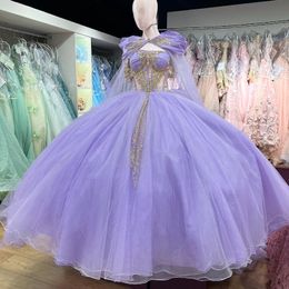 Lavender Shiny Sweet 16 Quinceanera Dress Off Shoulder Appliqued With Cape Ball Gown Princess Party Birthday Dress Vestidos De