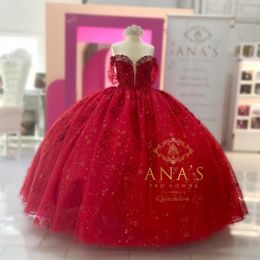 2024 Red Shiny Off the Shoulder Quinceanera Dresses Ball Gown Birthday Party Dress Applique Beads Crystal Train Gown Sweetheart de 15