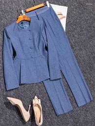 Women's Two Piece Pants Grey Ladies Pant Suit Autumn Winter Formal Work Wear Single Breasted Coat And Trouser 2 Set For Women Business