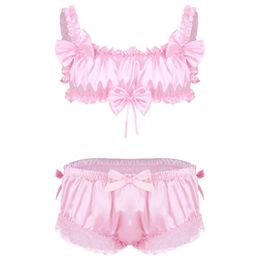 Bras Sets Men Sissy Crossdressing Erotic Lingerie Set Satin Frilly Wire- Bra Tops With Floral Lace Hem Bowknot Briefs Underwea235l