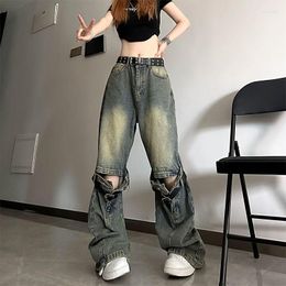 Women's Jeans Strap Men's And Spliced Micro Ragged Cargo Pants Women High Street Vintage Washed Waisted