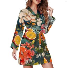 Women's Sleepwear Oranges Pyjama Robe Female Flowers Print Comfortable Nightgown Long Sleeve V Neck Graphic Pyjamas Robes Daily Trendy Dress