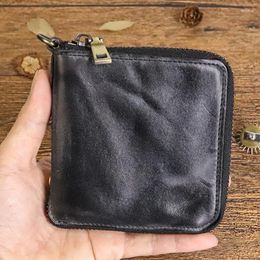 Wallets Japanese Vintage Short Genuine Leather Wallet Plant Tanned Washed Cowhide Personalised Trendy Men's Zipper