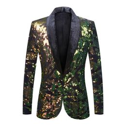 Men's Suits & Blazers Velvet Collar Sequins Suit Jacket Slim Golden Green Blazer Formal Clothes Host Singer Bar DJ Nightclub 2906