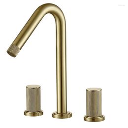 Bathroom Sink Faucets 3 Hole 2 Handle Deck Mount Brushed Gold Brass Widespread Basin Faucet Knurling & Spout