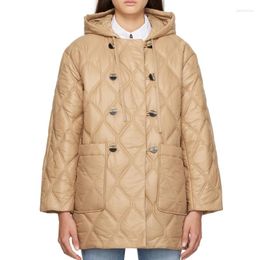 Women's Trench Coats 2023 Autumn And Winter Women Diamond Double-breasted Mid-length Long-sleeved Hooded Cotton Jacket