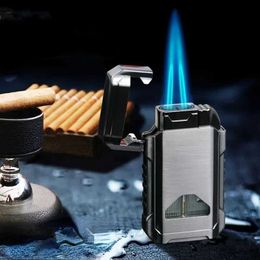 Metal Windproof Twin Turbo Jet Blue Flame Gradient Colour Visual Oil Bunker Butane No Gas Lighter Cigar Smoking Accessories Gadgets MWT0