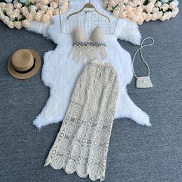 Work Dresses 2023 Summer Beach Vacation Knitted Bikini Set High Waist Openwork Lace Skirt