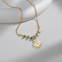 Pendant Necklaces ANEEBAYH Gold Color Sun Shape Necklace Delicate Crystal Beaded Stainless Steel Star Neck 2023 Woman Jewelry