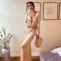 Casual Dresses Elegant Chic Metal Buckle Women Maxi Dress Backless Deep V Neck Full Sleeve Solid Bodycon Ladies Evening Party Vestidos