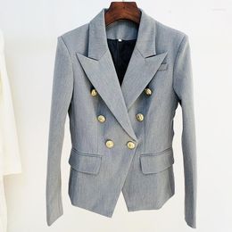 Women's Suits 2023 HIGH QUALITY Est Designer Jacket Star Style Classic Lion Buttons Double Breasted Slim Fitting Blazer Pale Grey