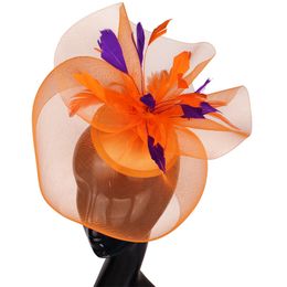 Wide Brim Hats Bucket Fashion Orange Women Hair Fascinators Accessory For Elegant Ladies Wedding Headwear Party Tea Royal Fancy Feather Headpiece 230831