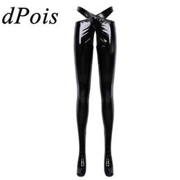 Womens Wetlook Patent Leather Crotchless Sexy Lingerie Open Crotch Trousers Erotic Pants With Waistband Night Roleplay Nightwear W287G