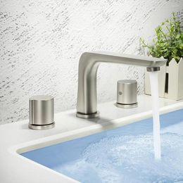 Bathroom Sink Faucets SKOWLL Widespread Faucet 3 Hole Basin Deck Mount Tub 360 Swivel Vanity Brushed SK-6753