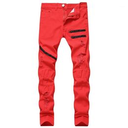 Men's Jeans 2021 Men Stacked Ripped Male Zipper Winter Denim Straight Leg Trousers Slim Fit Boyfriend Streetwear White Red Bl1944