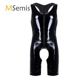 Men's Body Shapers Black Mens Lingerie Wetlook Patent Leather Sleeveless Front Zipper Crotchless Singlet Boxer Briefs Leotard239k