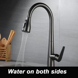 Bathroom Sink Faucets GunGray Kitchen Faucet And Cold Water Mixer Tap Three-function Pull-out Mesh Outlet Brass Material